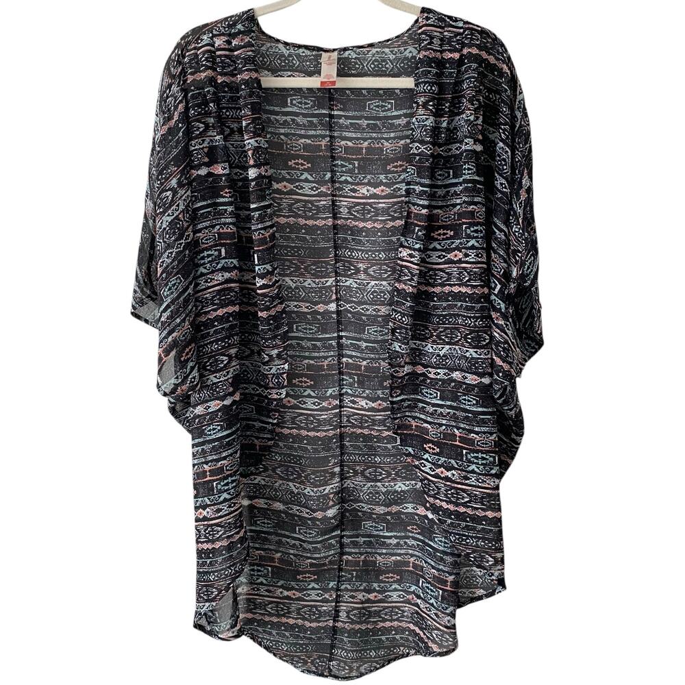 NO BOUNDARIES Aztec Print Sheer Open Front Kimono Size Medium Black Multicolor